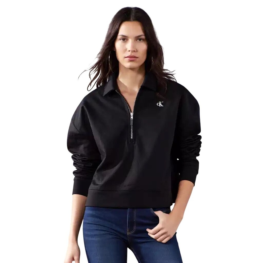 Calvin Klein Jeans Womens Black Quarter Zip Fleece Sweatshirt Logo L NWT